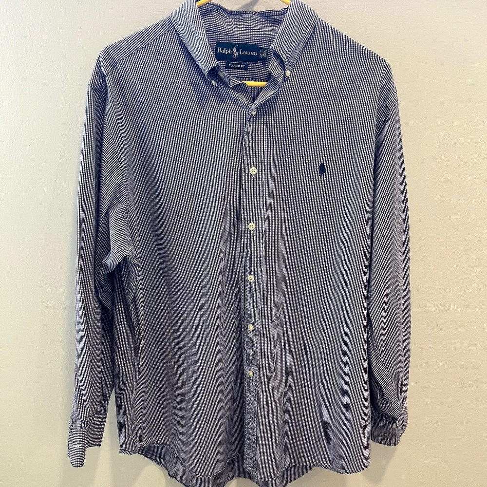 Ralph Lauren Classic Fit Dress Shirt 16.5 32/33 Navy and White Small Check